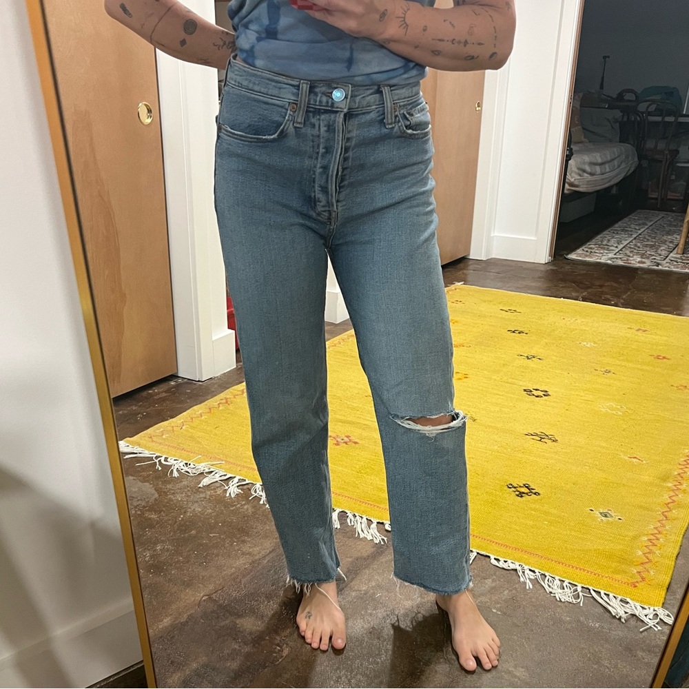 Re/Done Blue Straight Leg Jeans with Distressed Detail